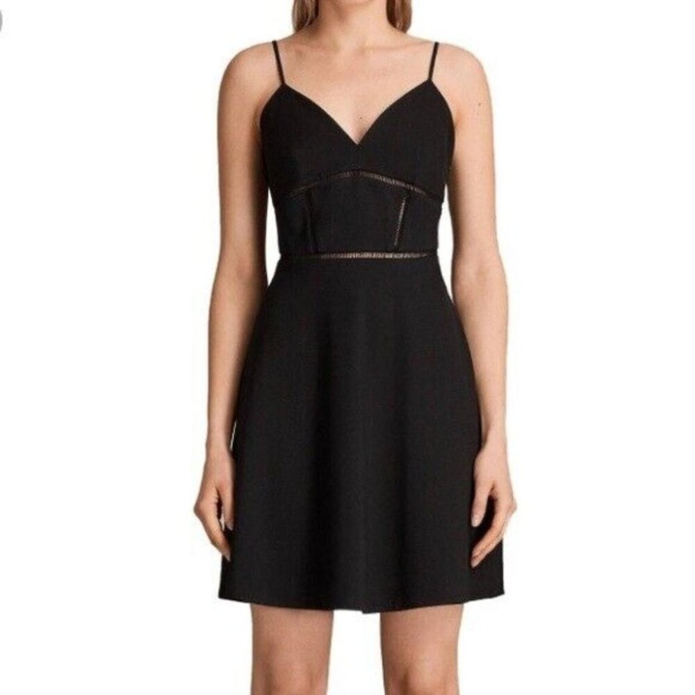 ALLSAINTS Black Spaghetti Strap V-Neck Flare Stretch A-Line Dress Size Medium